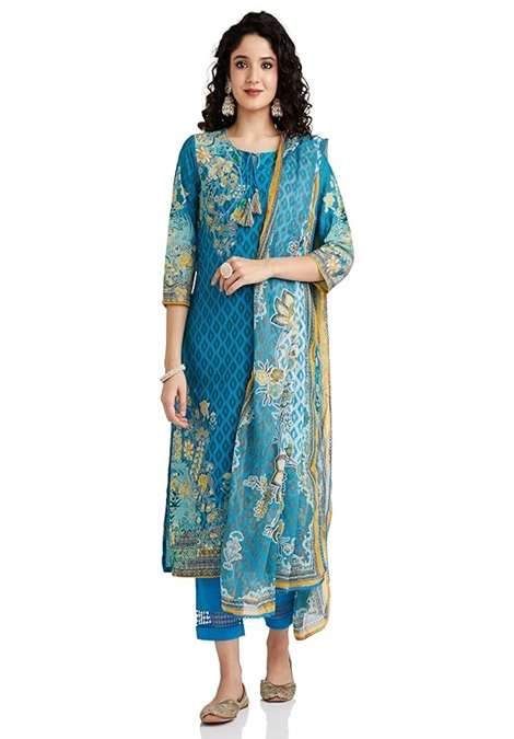 BIBA Cotton Printed Kurta Slim Pant Suit Set